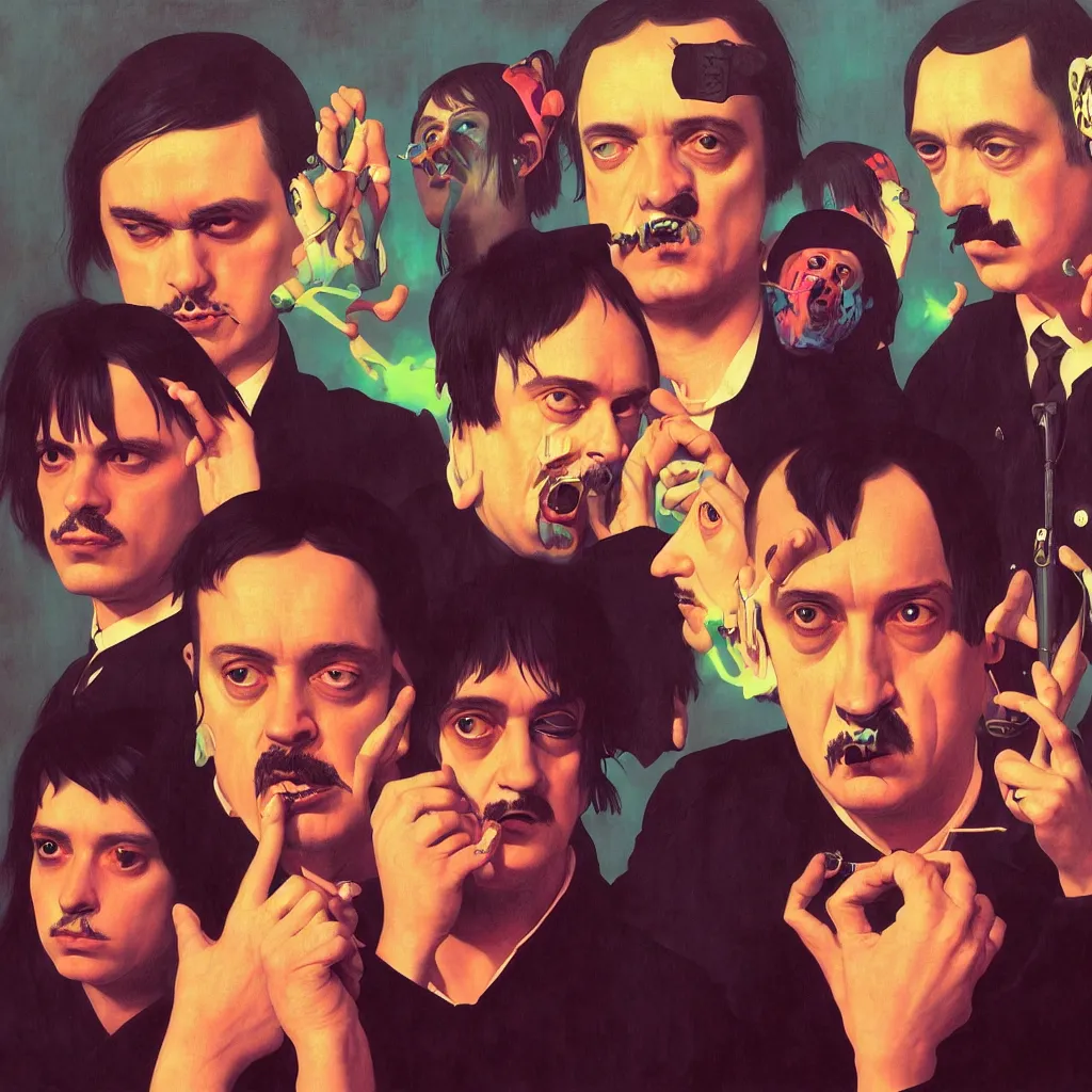 Image similar to weird and disturbing portrait of mike patton and syd barret and hitler singing, vivid colors, death, neon, art by ( ( ( kuvshinov ilya ) ) ) and wayne barlowe and francis bacon and artgerm and wlop and william - adolphe bouguereau