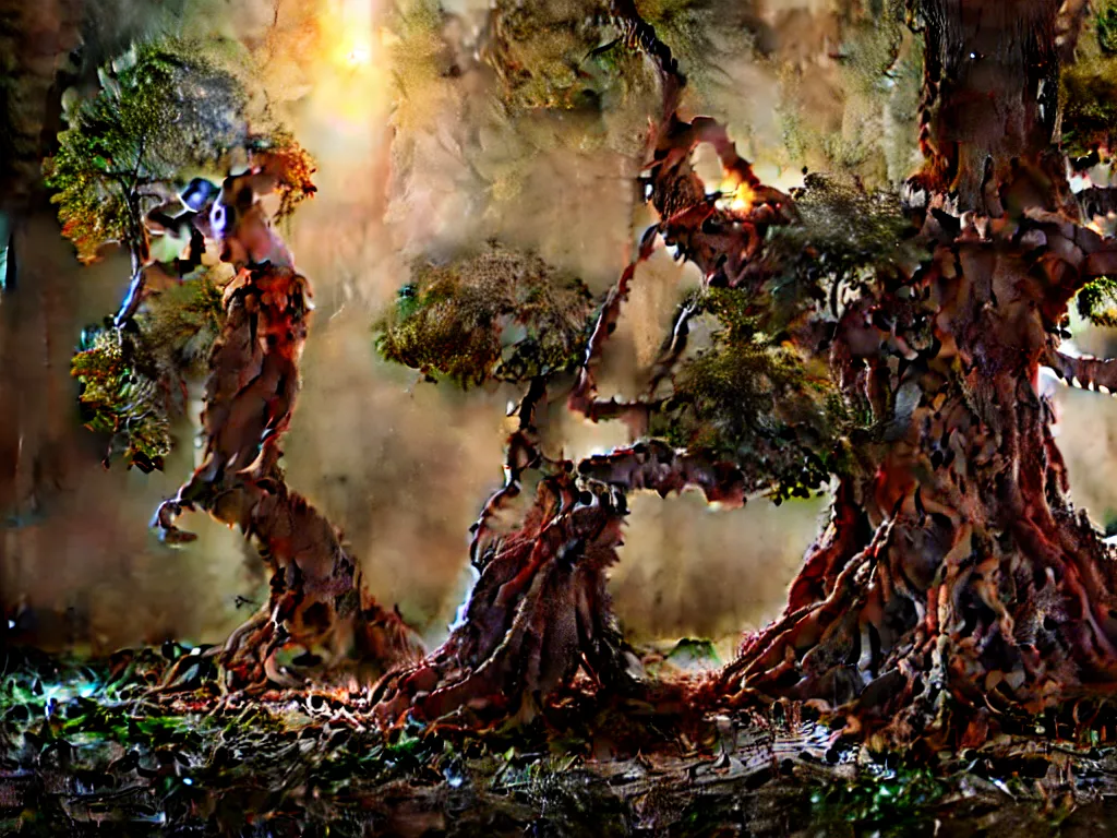 Image similar to photorealistic render of ent tree holding chainsaws and cutting humans who have their heads cut off by the floor with blood, hyper detailed, ultra realistic, 8 k, unreal engine render, ray traced lighting