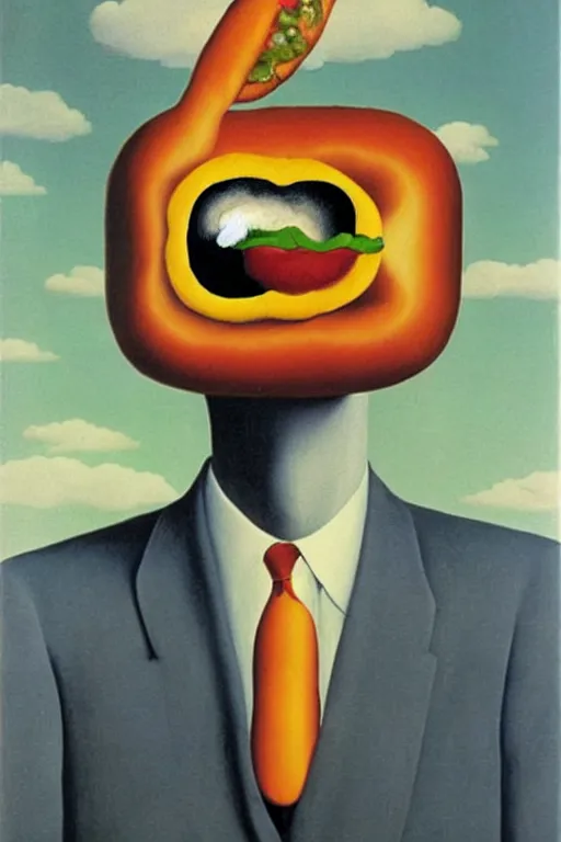 Image similar to Rene Magritte's Son Of Man painting with a floating hotdog blocking the face, the hotdog has a stem and leaves