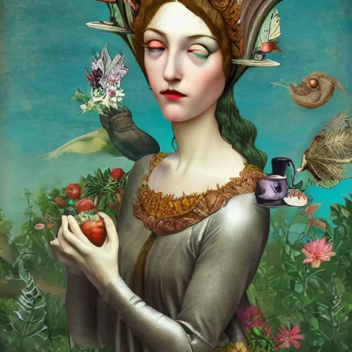 Prompt: a detailed portrait of young woman in renaissance dress and a surreal renaissance headdress, very surreal garden, cyberpunk, surreal tea party, cats, birds, nature, strange creatures, by christian schloe and botticelli, naotto hattori, amy sol, roger dean, moody colors