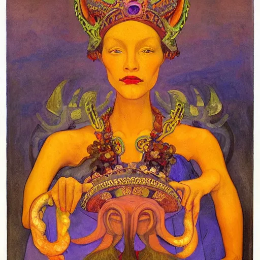 Prompt: the tentacle crown, by Annie Swynnerton and Nicholas Roerich and Diego Rivera, violet skin, elaborate costume, geometric ornament, rich color, dramatic cinematic lighting, smooth, sharp focus, extremely detailed