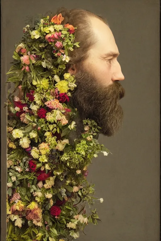 Prompt: a man's face in profile, with a long beard made of flowers and fruit, in the style of the Dutch masters and Gregory crewdson, dark and moody