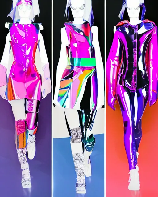 Image similar to a leaked screenshot of Balenciaga's fall 2049 fashion week, prismatic, dazzle camouflage!, dayglo pink, dayglo blue, Bladerunner, cyberpunk