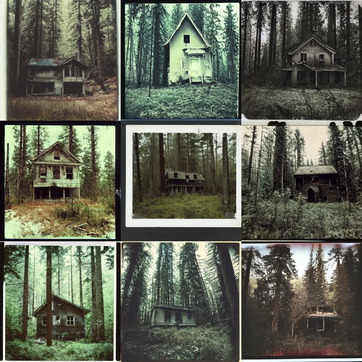 Prompt: polaroid of an abandoned house in front of a very deep pine forest. eerie, liminal, abandoned