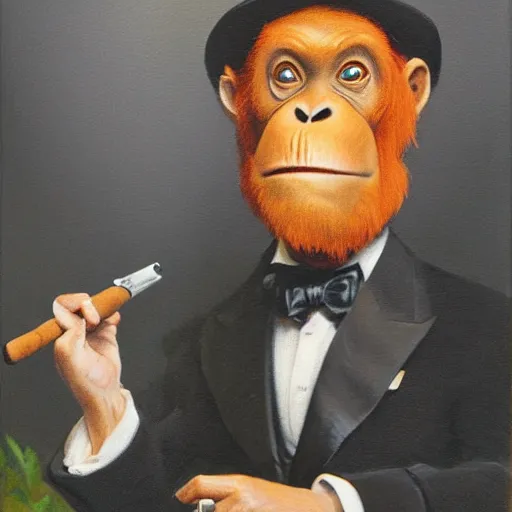 Prompt: professional portrait of an orangutan wearing a black suit a top hat and a monocle smoking a cigar in the Central Park Zoo, 8k, detailed