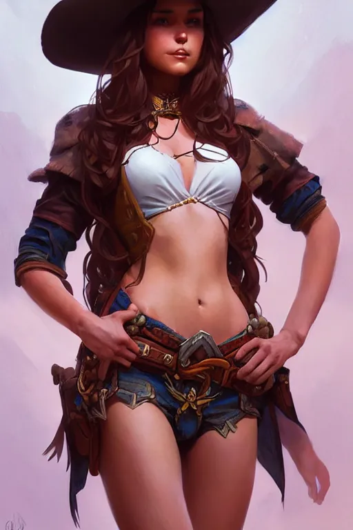 Image similar to beautiful female cowgirl, full body shot, d & d, fantasy, intricate, elegant, highly detailed, digital painting, artstation, concept art, matte, sharp focus, illustration, hearthstone, art by artgerm and greg rutkowski and alphonse mucha