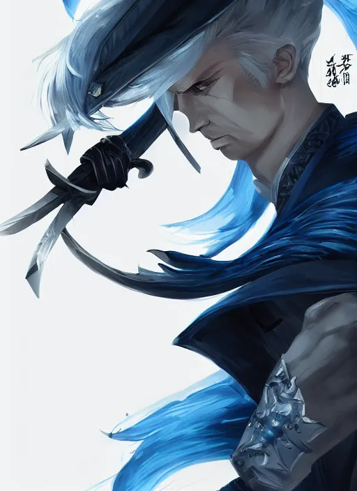 Prompt: a highly detailed illustration of fierce short slick back white haired man wearing dark blue coat, bright blue eyes, dramatic wielding katana pose, intricate, elegant, highly detailed, centered, digital painting, artstation, concept art, smooth, sharp focus, league of legends concept art, wlop