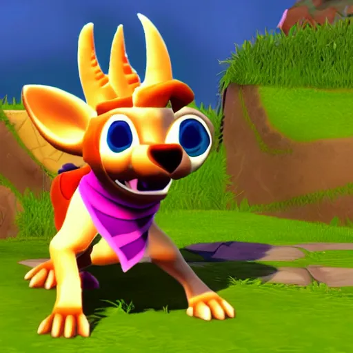 Image similar to screenshot of a cute anthropomorphic dog as an npc in spyro the dragon video game, with playstation 1 graphics, activision blizzard, upscaled to high resolution