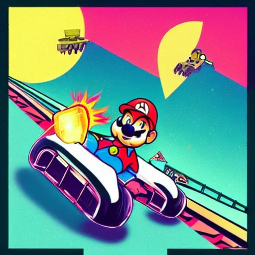 Image similar to synthwave illustration of Super Mario driving go kart into the sunset, trending on deviantart