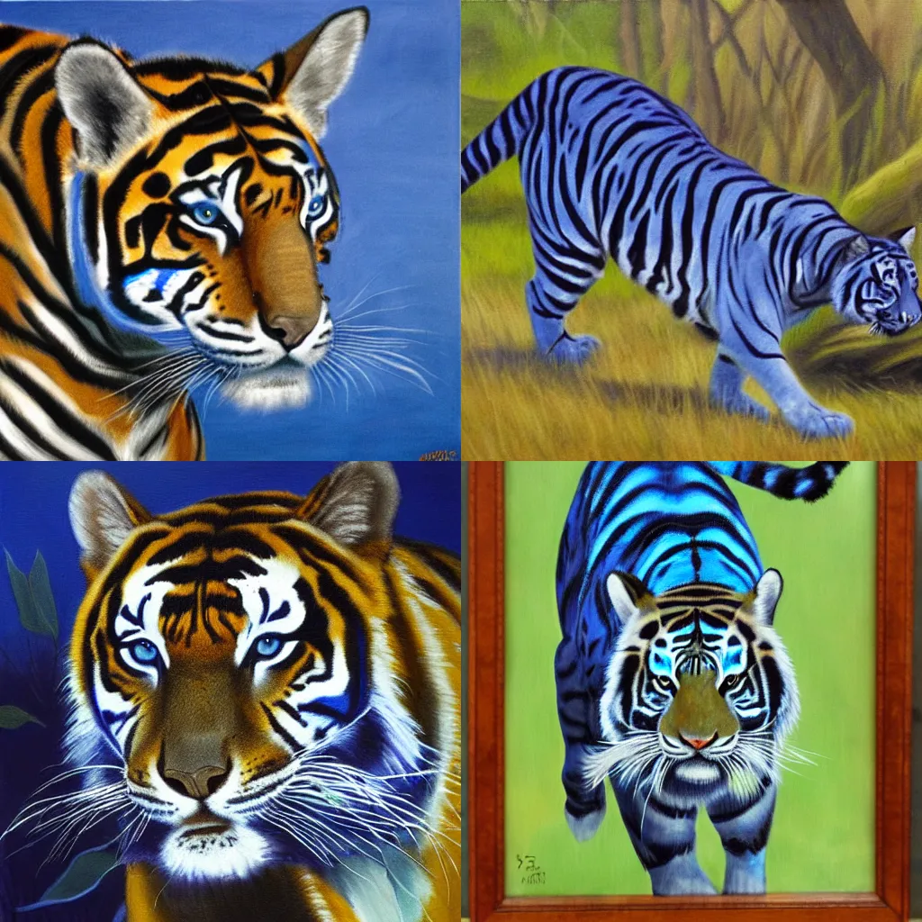 Prompt: Blue tiger stalking prey, oil on canvas