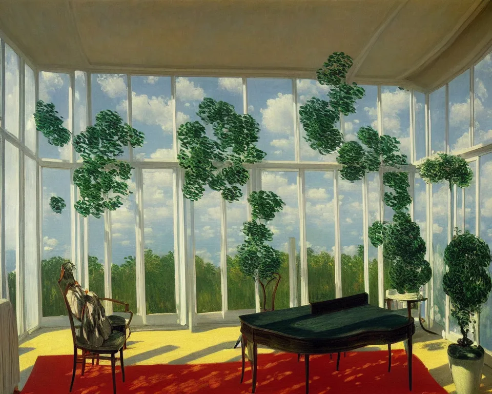 Prompt: achingly beautiful painting of a sophisticated, well - decorated, modern sunroom by rene magritte, monet, and turner.