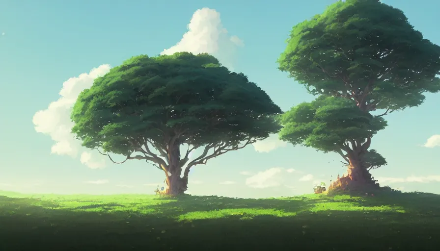 Prompt: a landscape of a single tree with bushes nearby, studio ghibli, castle in the sky, animated, anime, illustrated, vibrant, by greg rutkowski, by miyazaki, on artstation