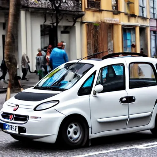 Prompt: a photo of an ugly fiat multipla on a very narrorw busy street