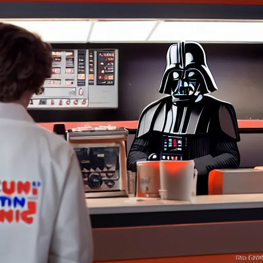 Image similar to darth vador working at dunkin donuts , 8k cinematic lighting, very sharp detail, anatomically correct