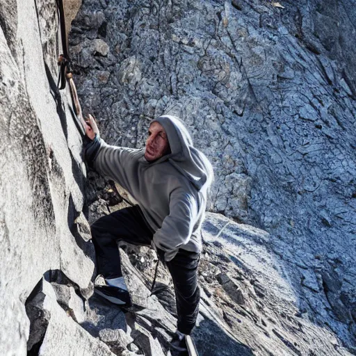 Prompt: quadriplegic white man in gray hoodie climbing mountain