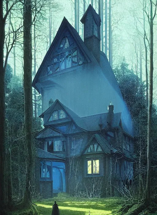 Image similar to hyper realistic witchy modern gothic house with mood lighting and tech in the woods gorgeous lighting, sunbeams blue sky, highly detailed, lush forest foliage painting by zdzisław beksinski and norman rockwell and greg rutkowski weta studio, and lucasfilm