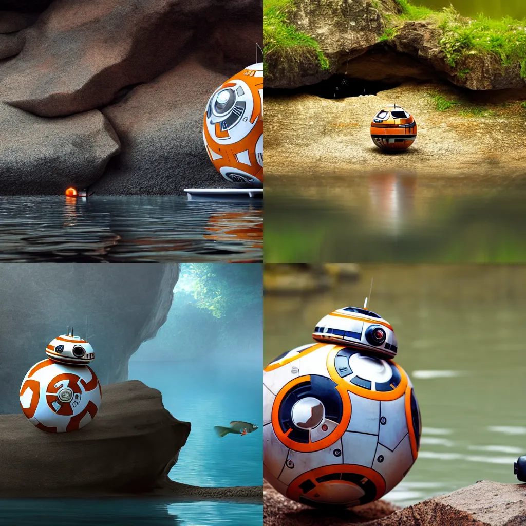 Prompt: bb - 8 fishing in a mysterious lake in a cave, sci - fi, hyperdetailed, realistic, dark colors, low contrast, glossy, professional picture, 8 k