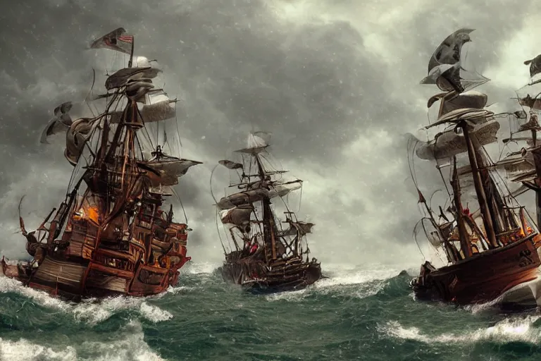 Image similar to epic pirate ship cannon battle in a storm, in the style of vernon grant and chris van allsburg, trending on artstation, bright tilt - shift camcorder effect, photoshop, retrowave, hyperrealism, octane, sharp focus, masterpiece