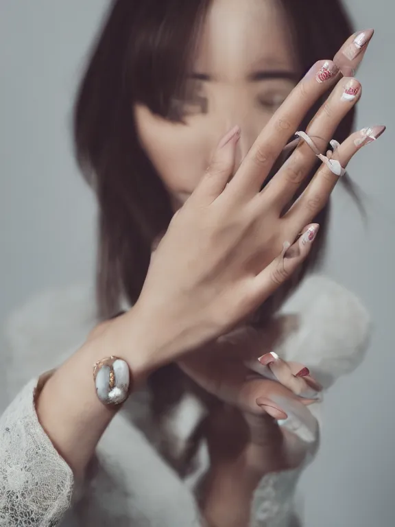 Prompt: photo of one!! detailed elegant woman's hand palm up, long nails, instagram photo, studio photo