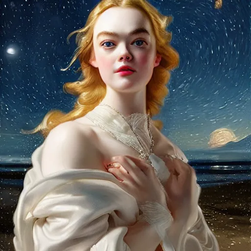 Image similar to leyendecker and peter paul rubens, head and shoulders portrait of a elle fanning, nighttime, on the beach, starry sky, unreal engine, fantasy art by global illumination, radiant light, detailed and intricate environment