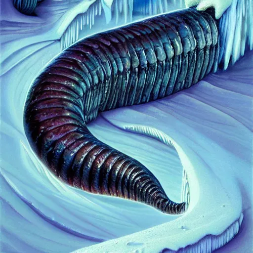 Prompt: giant jello worm in a icy desert, ice, snow, cold, by the tony sart and hr giger, artstation