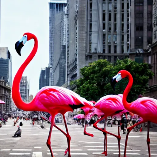 Prompt: photo of a giant flamingo attacking a city with crowd running away