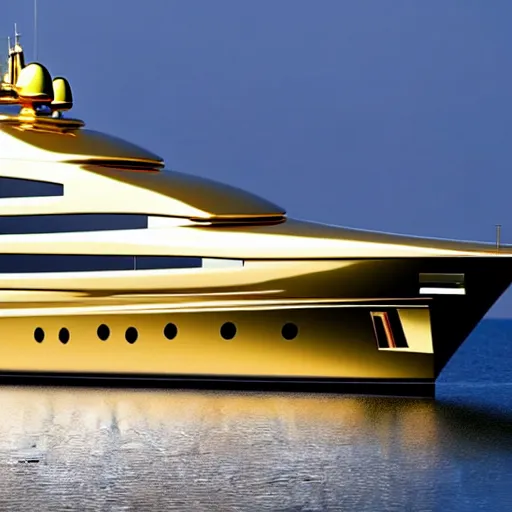 Prompt: wrinkled hunchbacked old butler polishing painting the side of a gold plated mega yacht with a cloth