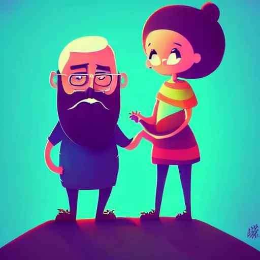 Image similar to curled perspective digital art of a cute smiling beard grandpa cartoon character with baby girl by anton fadeev