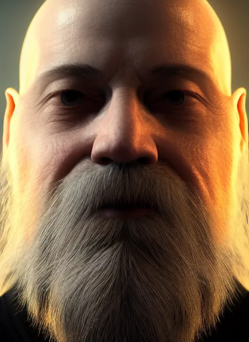 Image similar to portrait of a bald wizard with long white beard, tattoo around one eye, perfect facial symmetry + dim volumetric lighting, 8k octane beautifully detailed render, post-processing, extremely hyperdetailed, intricate, epic composition, grim yet sparkling atmosphere, cinematic lighting + masterpiece, trending on artstation