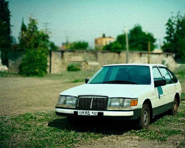 Image similar to a lomographic photo of old polonez polish car standing in typical soviet yard in small town, hrushevka on background, cinestill, bokeh