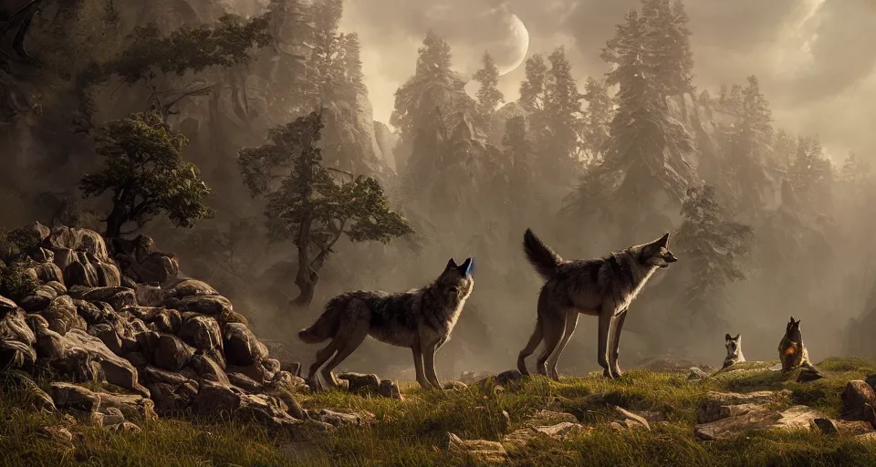 Image similar to wolves and their treasures. fantasy style, ultra realistic, octane render, unreal engine, raytracing, 8 k highly detailed, trending on artstation, illustration, digital painting, highly detailed render by by david caspar friedrich and george stubbs