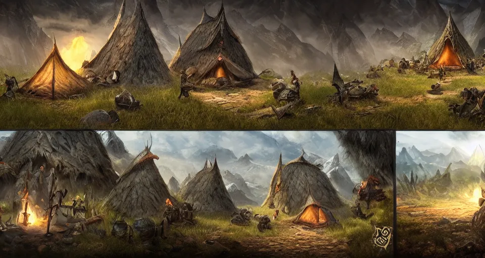 Image similar to an epic fantasy adventurer's camp with a hide tent 4 k, extremely detailed. award winning, trending on artstation, 8 k, ultra wide angle