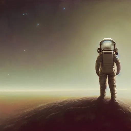 Image similar to a concept art portrait of an astronaut on a depth of field background, artstation, award - winning realistic sci - fi concept art by jim burns and greg rutkowski, beksinski, a realism masterpiece, muted color palette, james gilleard, bruegel, alphonse mucha, and yoshitaka amano