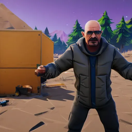 Image similar to walter white as a fortnite character, gameplay screenshot
