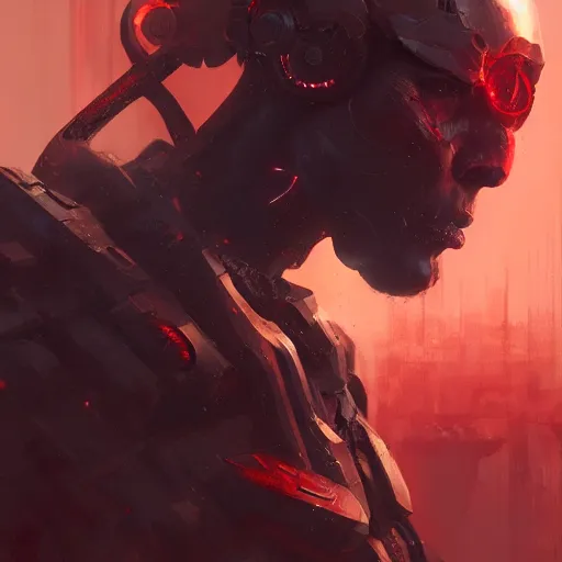 Image similar to cyborg warrior, red eyes, intricate, detailed, volumetric lighting, scenery, digital painting, highly detailed, artstation, sharp focus, illustration, concept art, ruan jia, greg rutkowski