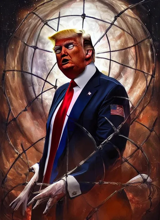 Prompt: donald trump in a prisoner's outfit, cosmic horror painting, elegant intricate digital painting artstation concept art by mark brooks and brad kunkle detailed