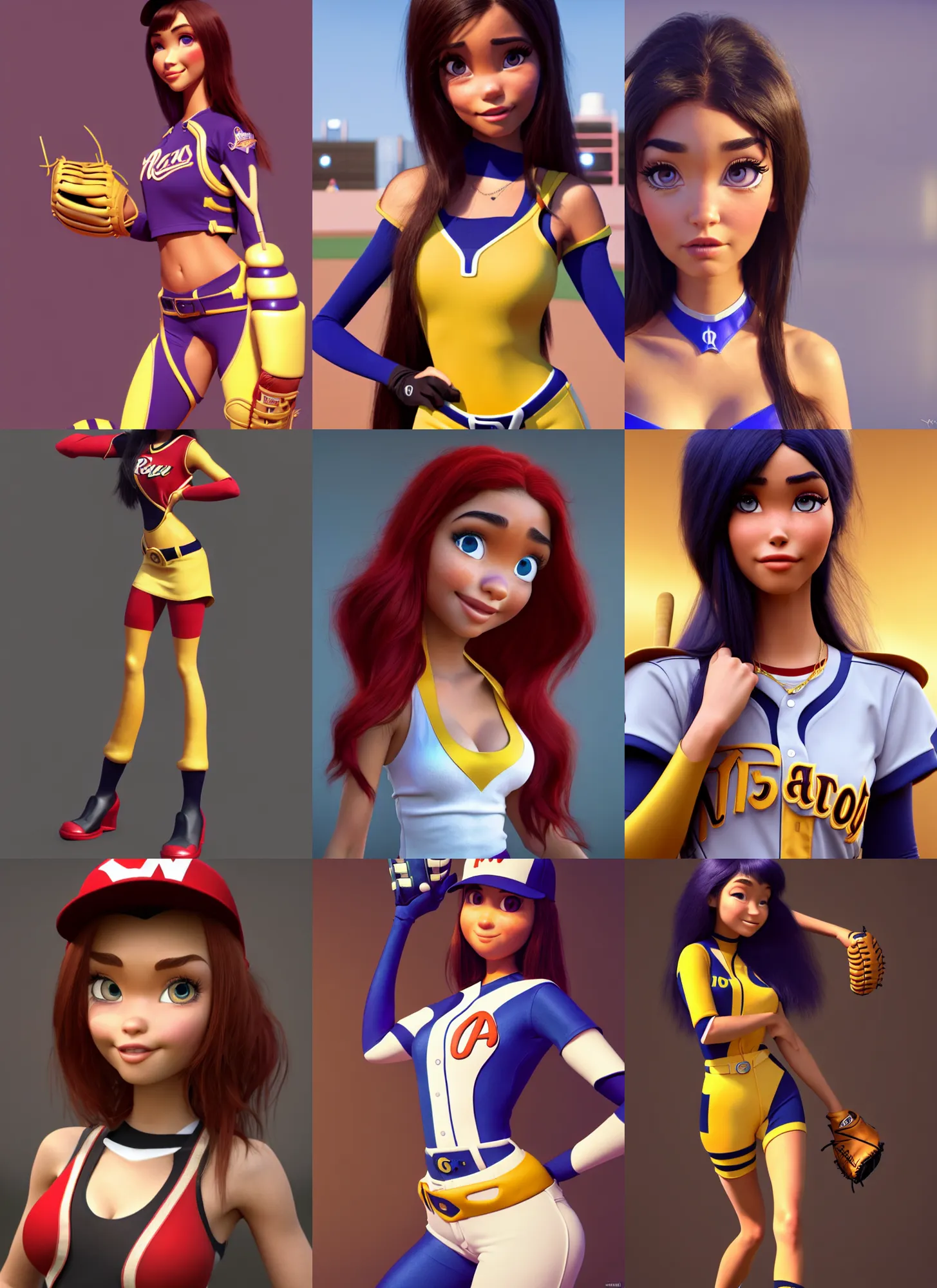 Prompt: pixar woman madison beer, baseball cosplay | jewelry | glamorous oily soft polished rich racy ornate modern | weta disney movie still photo | hi - fructose, sci fi fantasy, golden ratio, smooth, octane render, sharp focus, artstation, concept art | rutkowski, artgerm, mucha, wlop, loish |