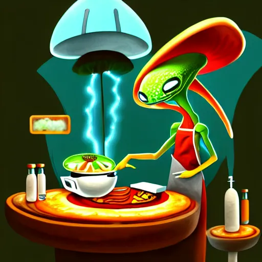 Prompt: alien mushroom chef cooking a meal, fantasy illustration, detailed digital painting, trending on artstation