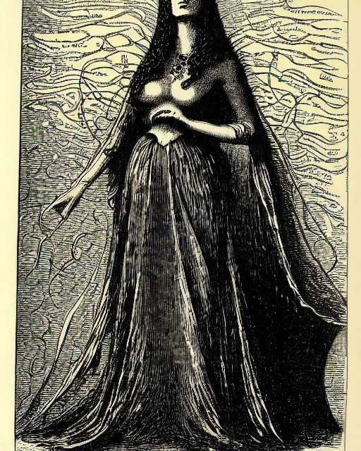 Prompt: illustration of lady voidstar from the dictionarre infernal, etching by louis le breton, 1 8 6 9, 1 2 0 0 dpi scan