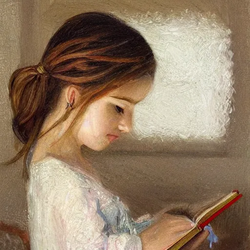 Prompt: a girl reading a book, her hair flowing down, subtle, intricate details, real masterpiece, oil on canvas, by john smith