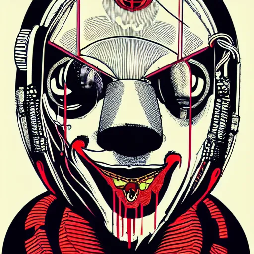 Image similar to Illustrated by Shepard Fairey and H.R. Geiger | Cyberpunk Clown Vampire with VR helmet, surrounded by cables