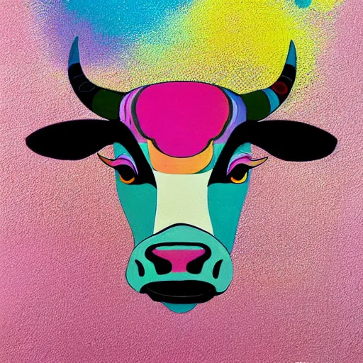 Prompt: a painting of a bull's head on a pink background, poster art by takashi murakami, behance contest winner, psychedelic art, psychedelic, poster art, concert poster