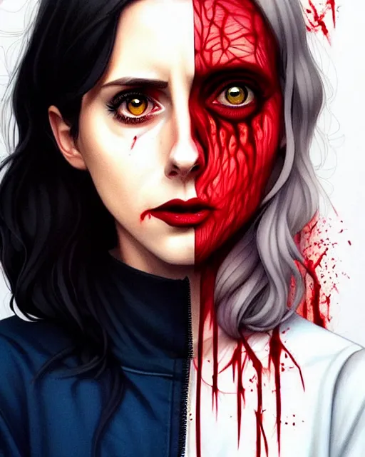 Image similar to loish, artgerm, Joshua Middleton art, Rafeal Albuquerque, pretty Alison Brie serial killer holding bloody knife in right hand realistic hand, blood on clothes and face, sarcastic smile, symmetrical eyes, symmetrical face, jean jacket, jeans, short blonde hair, middle shot, night time, deep blacks