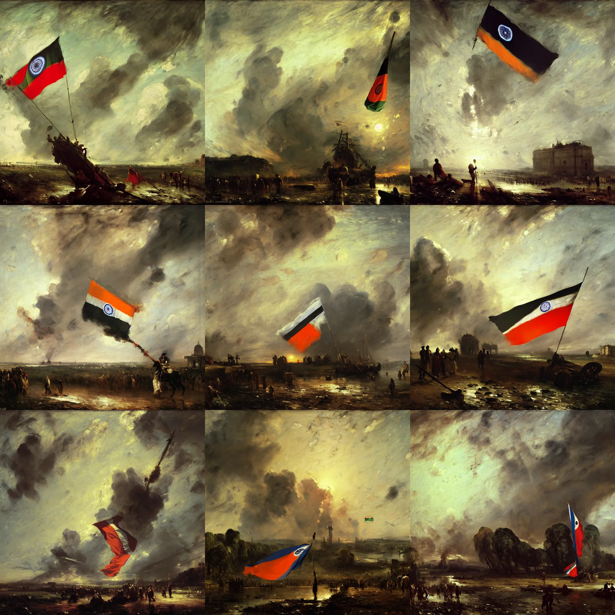 Prompt: a cinematic dramatic painting of death of indian flag, oil on canvas, by john constable, by simon stalenhag, by abraham pether, by greg rutkowski, trending on artstation, featured on pixiv, baroque color scheme, masterpiece, dramatic composition, brilliant lighting, highly detailed, hd, 8 k