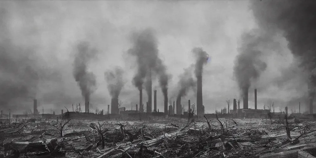 Image similar to industrial city destroying nature, 1 9 2 0 s spirit portrait photography, smoking chimneys, burning trees, cleared forest, huge industrial buildings, lonely human wanderers with pickaxe, eerie, dark, by william hope