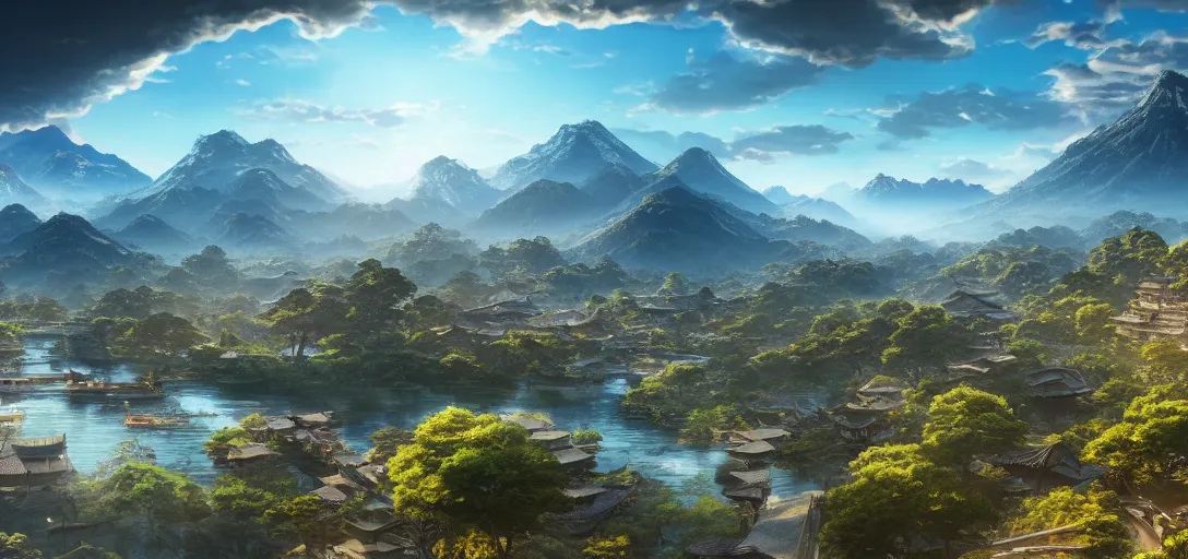 Image similar to epic view of beautiful ancient japanese city, clear blue skies, winding rivers, there are mountains and hills in the far background distance, unreal engine, dramatic lighting, detailed, ambient occlusion, global illumination, god rays, 3 d artstation render by greg rutowski and jessica rossier