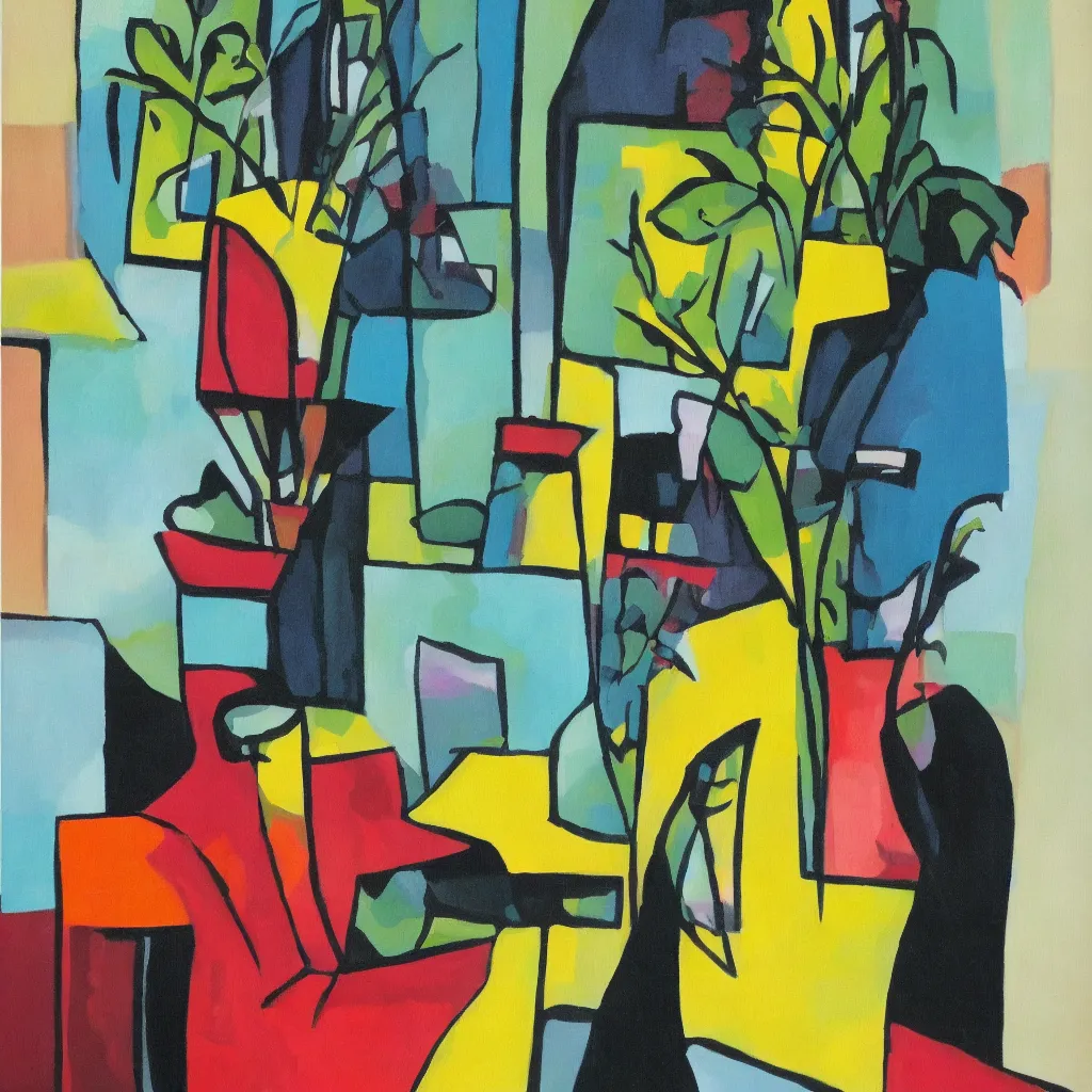 Prompt: a black female in home office, natural light window, plants in glass vase, acrylic on canvas, abstract, by aaron douglas