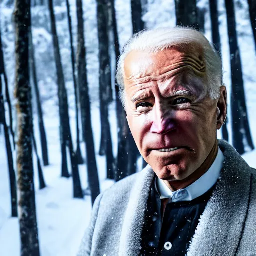 Image similar to professional photograph of angry Joe Biden with white paint on his face and wearing dark robes standing in a snowy forest, 8k, highly intricate, highly detailed,