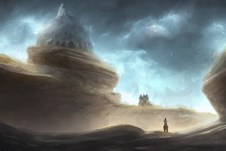 Image similar to a land outside of time and space with floating sands and flying beasts with a Fort in the middle and water tunnels below, a man standing watching over, digital painting, environment art