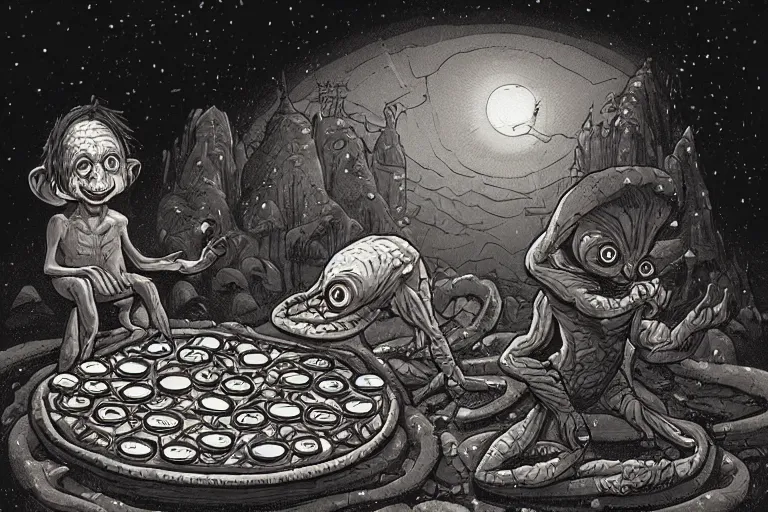 Image similar to a highly detailed gollum making pizza! in the winter, snow filled landscape, pizza oven burning in the background, black sky, post - apocalyptic vibe, full body, wide angle, an ultrafine detailed painting by joe fenton, trending on deviantart, pop surrealism, whimsical, lowbrow, perfect symmetrical face, sharp focus, octane, masterpiece